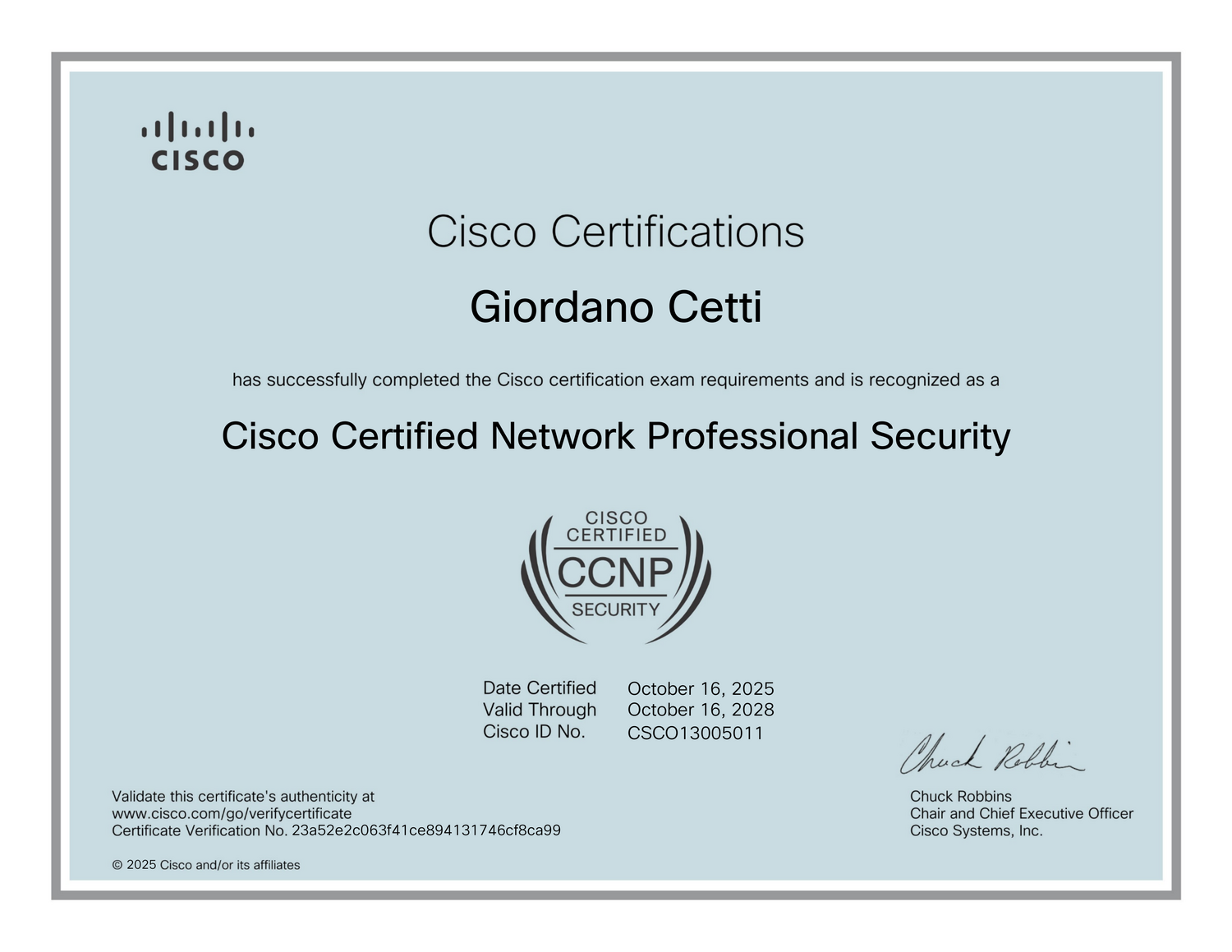Cisco CCNP Security 2025 — attestato originale