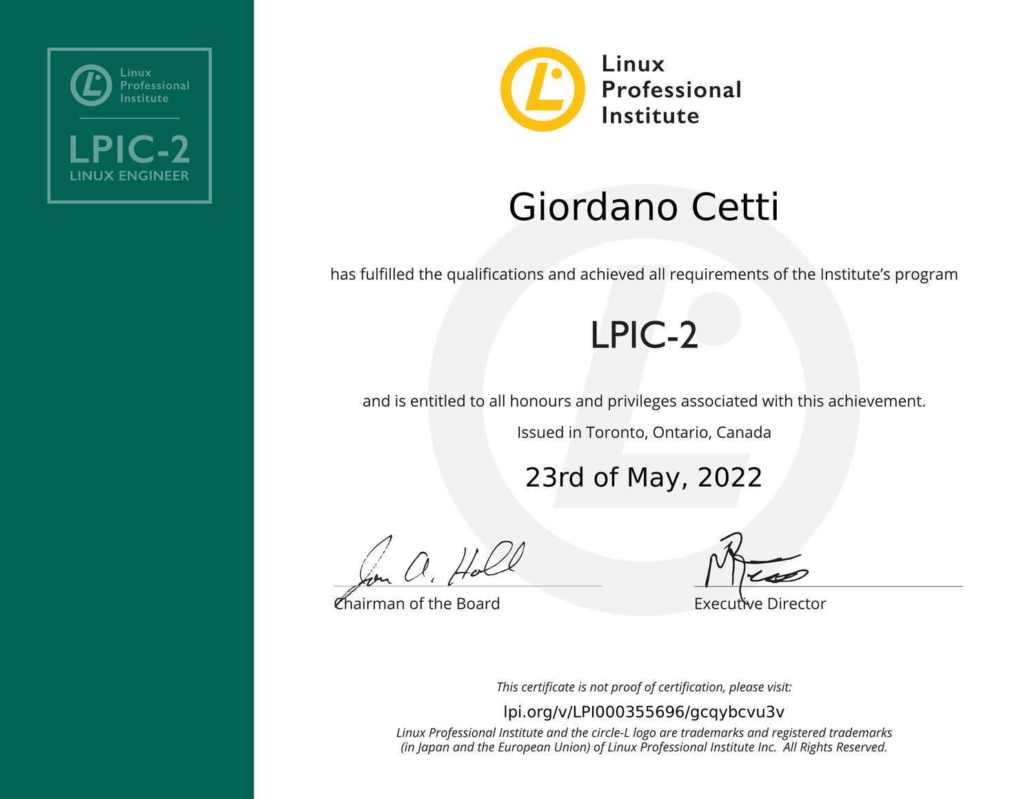 LPIC-2 2022 — attestato originale